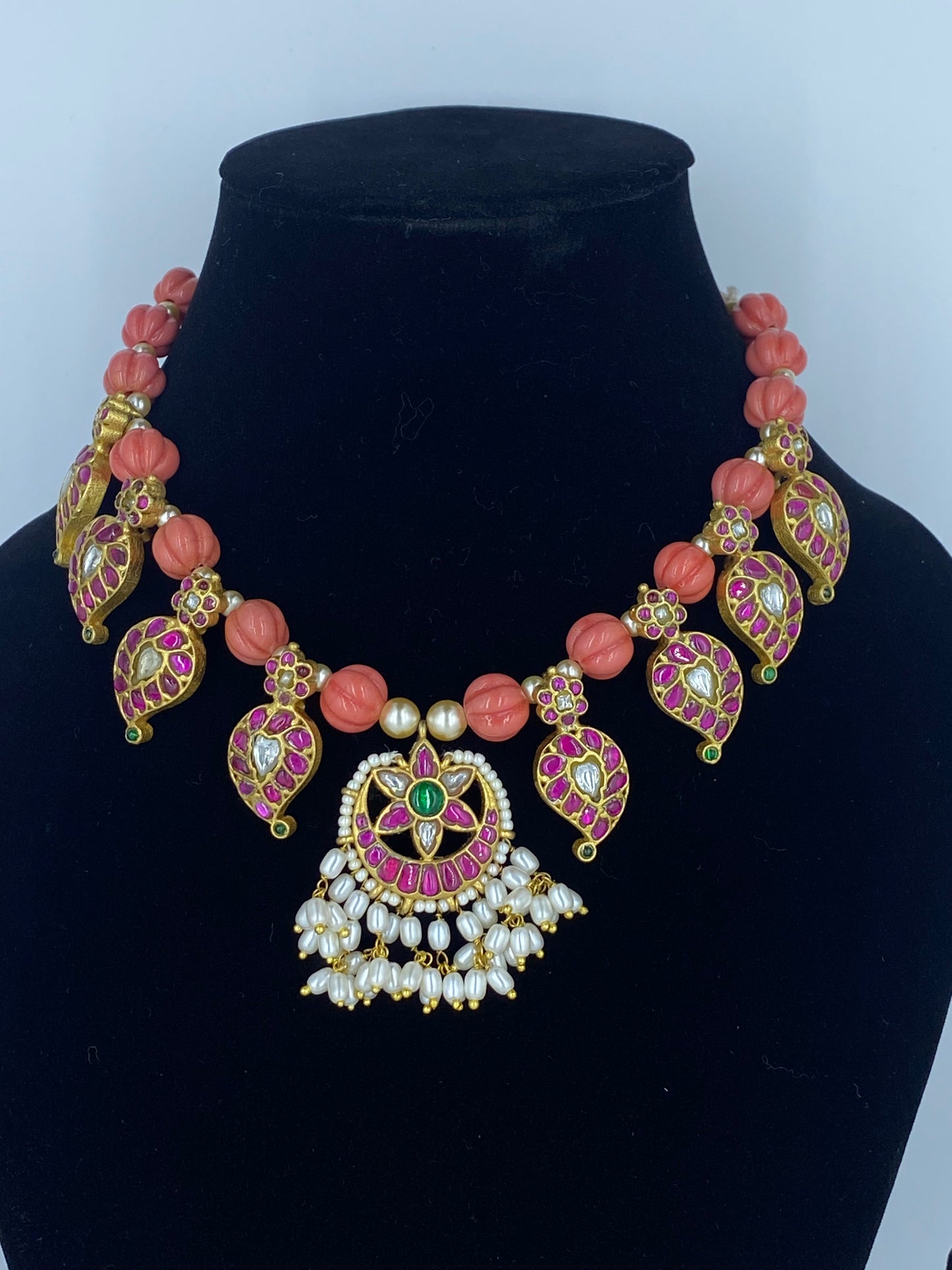 ANTHARA ANTIQUE PUMPKIN BEADS SET WITH MANGO DESIGN  KUNDANS