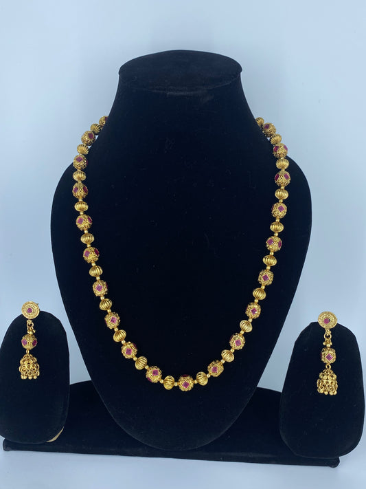 KUSHI ANTIQUE GOLD BEADS MALA WITH EARRINGS