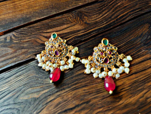 gold earrings with pearl & red droplet